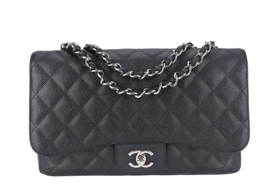CHANEL CLASSIC FLAP JUMBO (1357xxxx) BLACK CAVIAR LEATHER SILVER HARDWARE WITH DUST COVER AND CARD