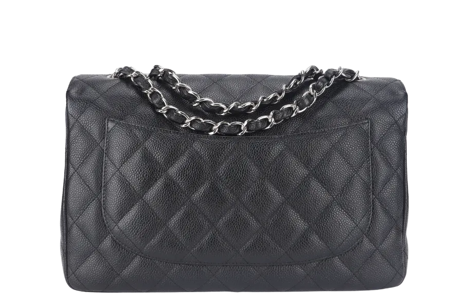 CHANEL CLASSIC FLAP JUMBO (1357xxxx) BLACK CAVIAR LEATHER SILVER HARDWARE WITH DUST COVER AND CARD