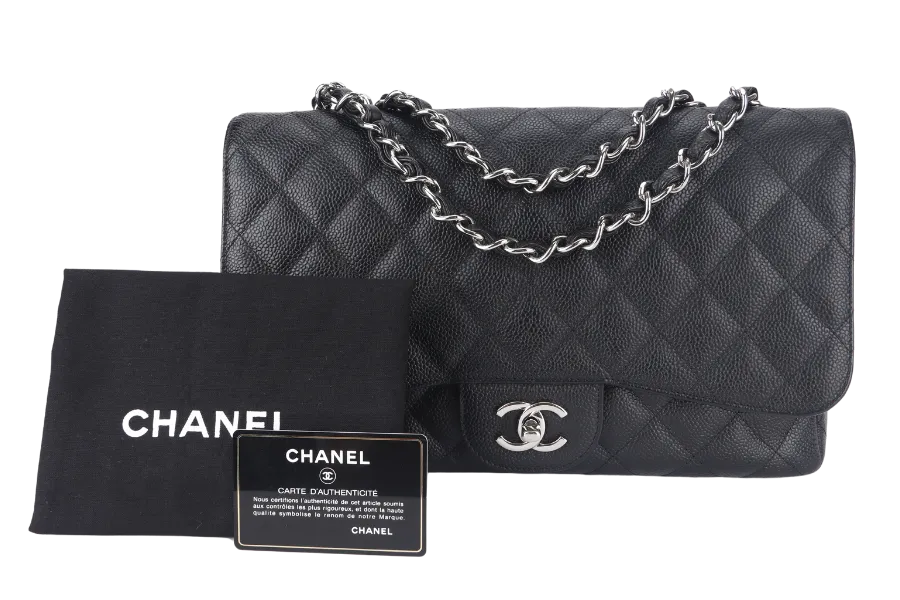 CHANEL CLASSIC FLAP JUMBO (1357xxxx) BLACK CAVIAR LEATHER SILVER HARDWARE WITH DUST COVER AND CARD