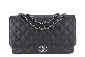 CHANEL CLASSIC FLAP JUMBO (1357xxxx) BLACK CAVIAR LEATHER SILVER HARDWARE WITH DUST COVER AND CARD