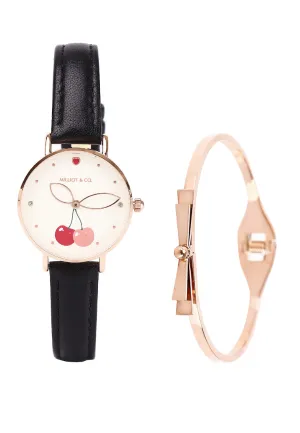 Chloe Rose Gold Leather Analog Watch with Bangle Set (Black)