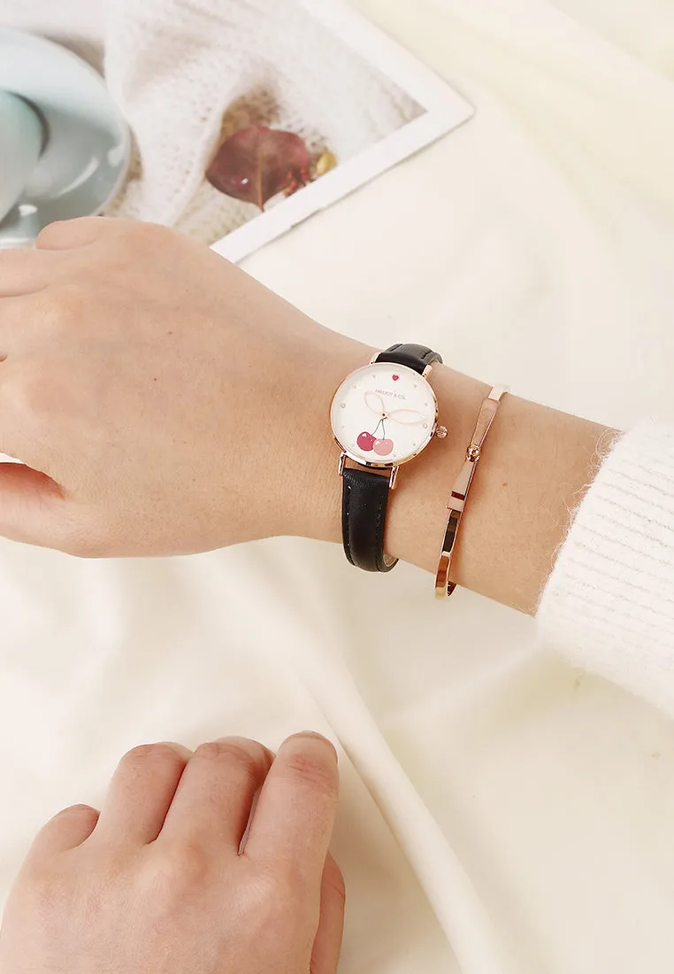 Chloe Rose Gold Leather Analog Watch with Bangle Set (Black)