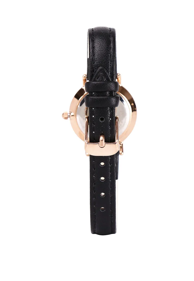 Chloe Rose Gold Leather Analog Watch with Bangle Set (Black)
