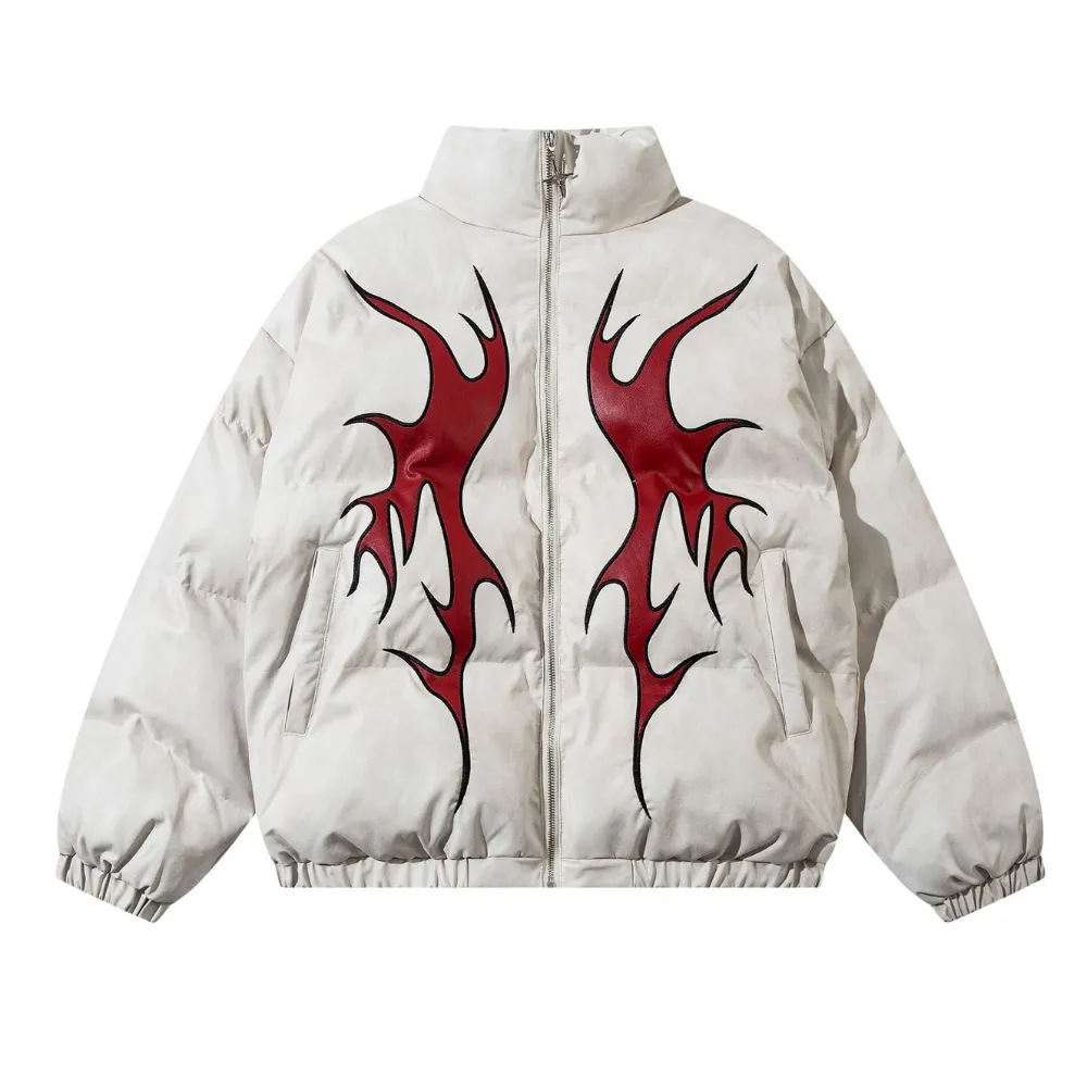 Circle Flame Embroidery PU Leather Coat