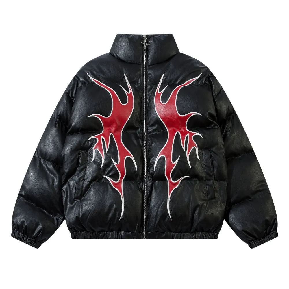 Circle Flame Embroidery PU Leather Coat