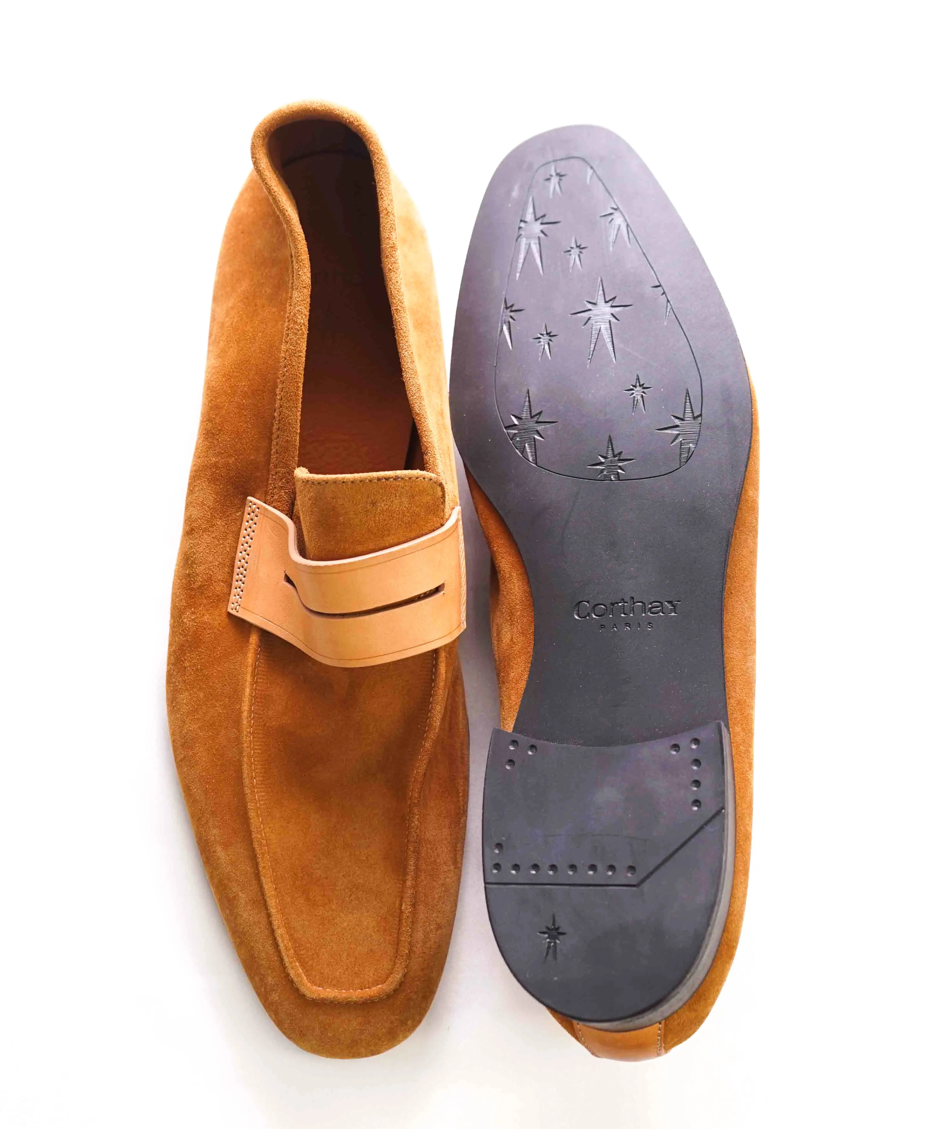 CORTHAY - Tobacco "VENETIAN Contrast PENNY LOAFER In Supple Suede - 11