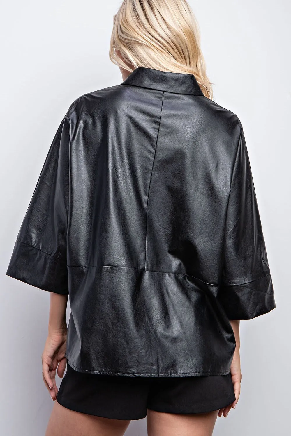Costa Vegan Leather Button Up Top - Black