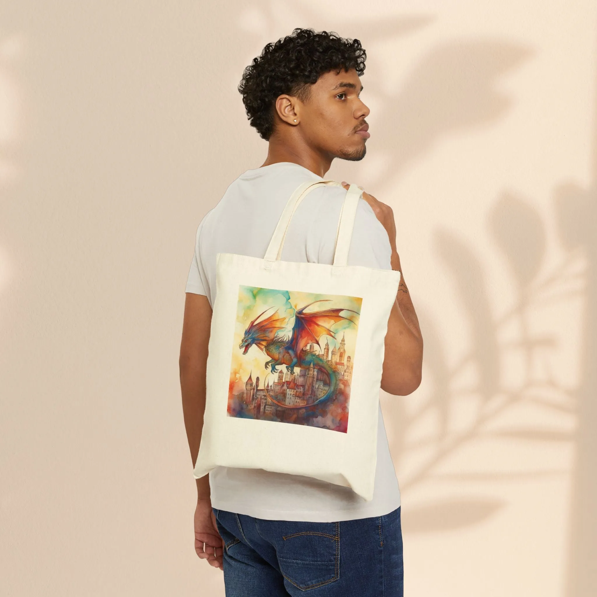 Cotton Canvas Tote Bag - Dragon Over City