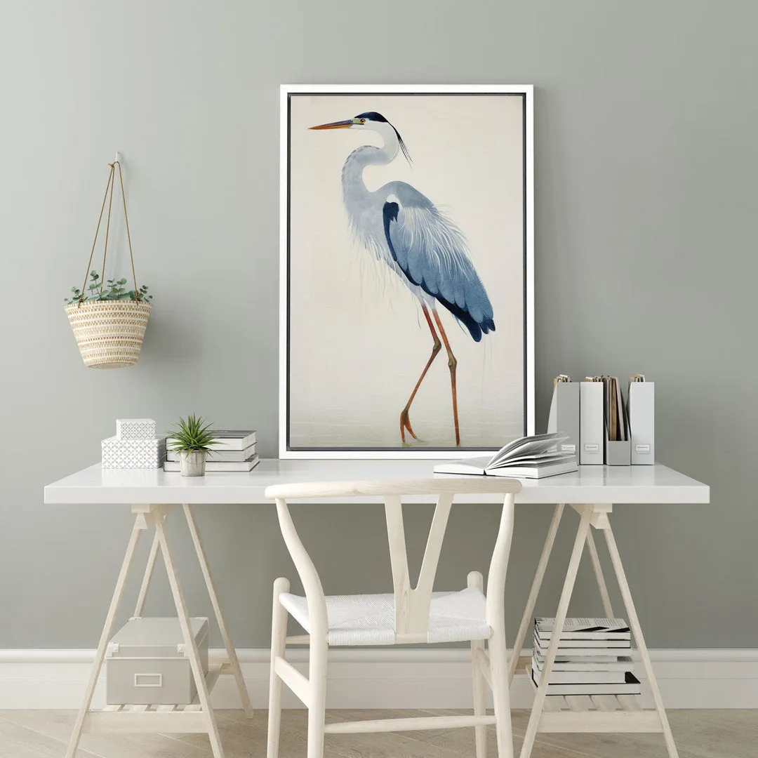Crane Heron Bird Watercolor Pastel Blue Animal Pictures Large Framed Canvas Painting Print Wall Art IDEA4WALL Size: 24" H x 16" W x 1.5" D Format: White Floater Frame
