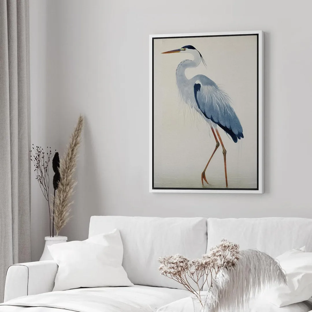 Crane Heron Bird Watercolor Pastel Blue Animal Pictures Large Framed Canvas Painting Print Wall Art IDEA4WALL Size: 24" H x 16" W x 1.5" D Format: White Floater Frame