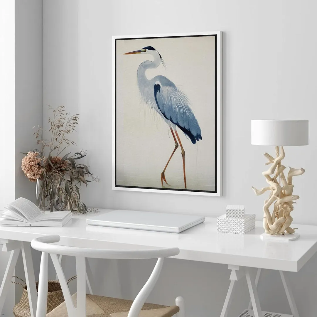 Crane Heron Bird Watercolor Pastel Blue Animal Pictures Large Framed Canvas Painting Print Wall Art IDEA4WALL Size: 24" H x 16" W x 1.5" D Format: White Floater Frame