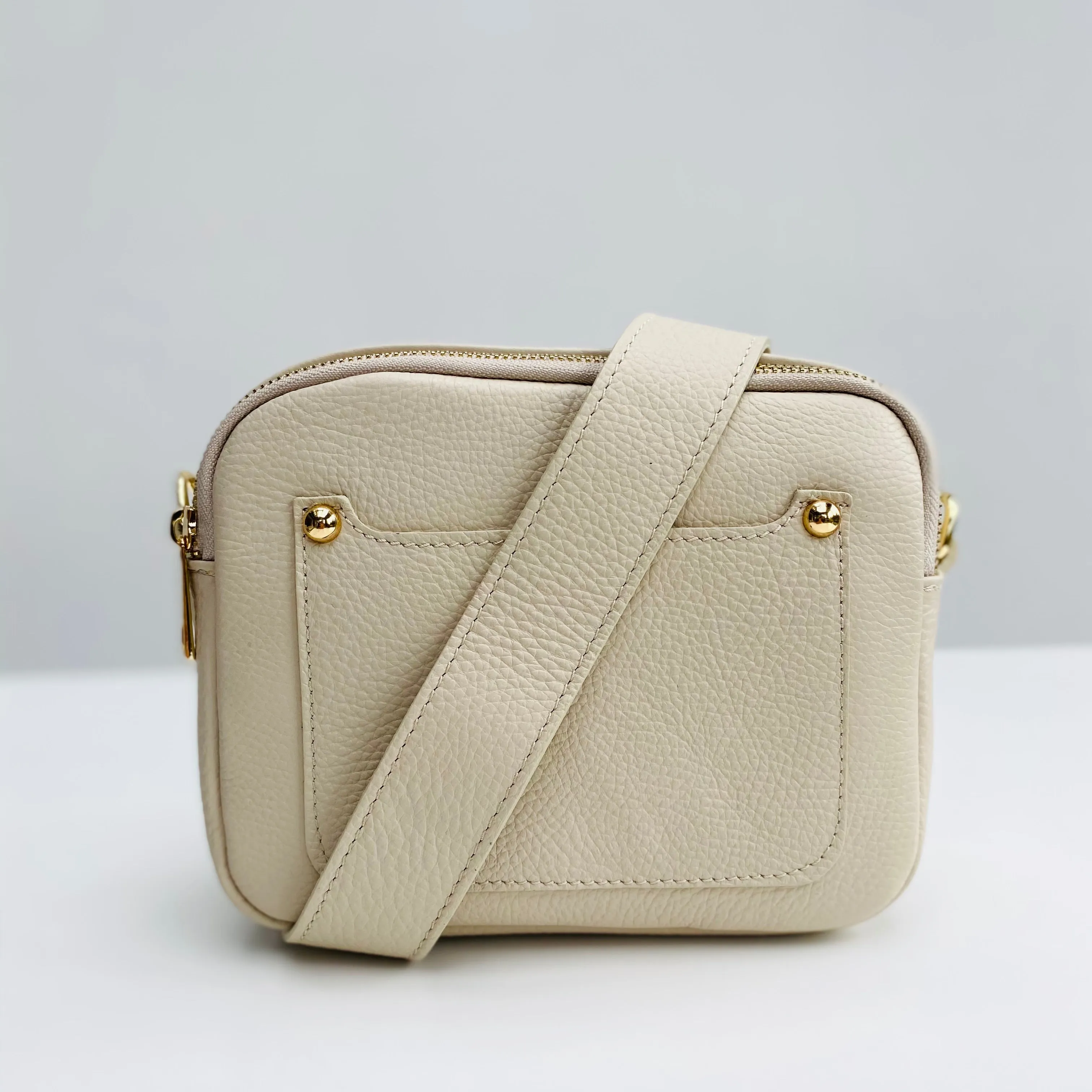 Cream Leather Double Zip Cross Body Bag