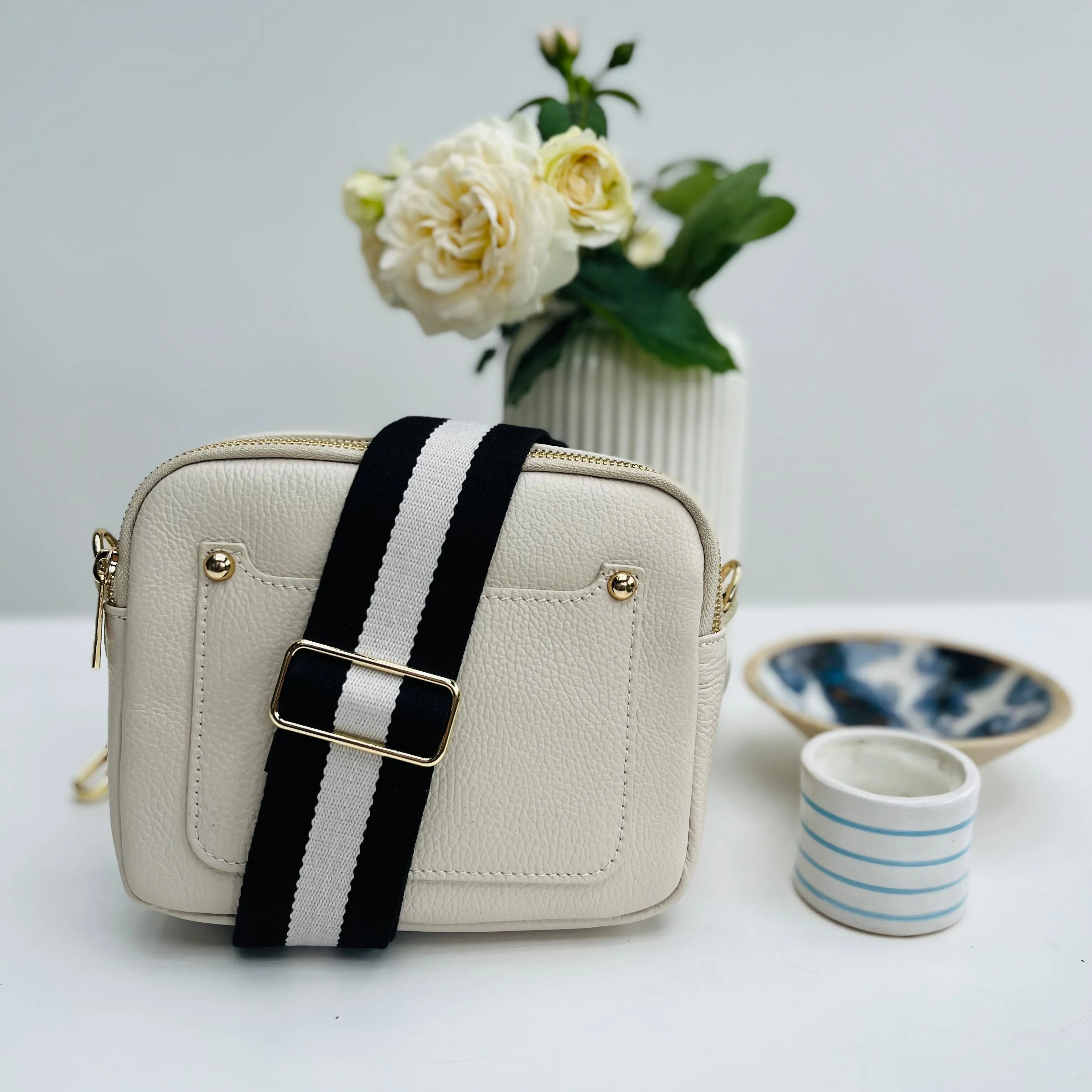 Cream Leather Double Zip Cross Body Bag