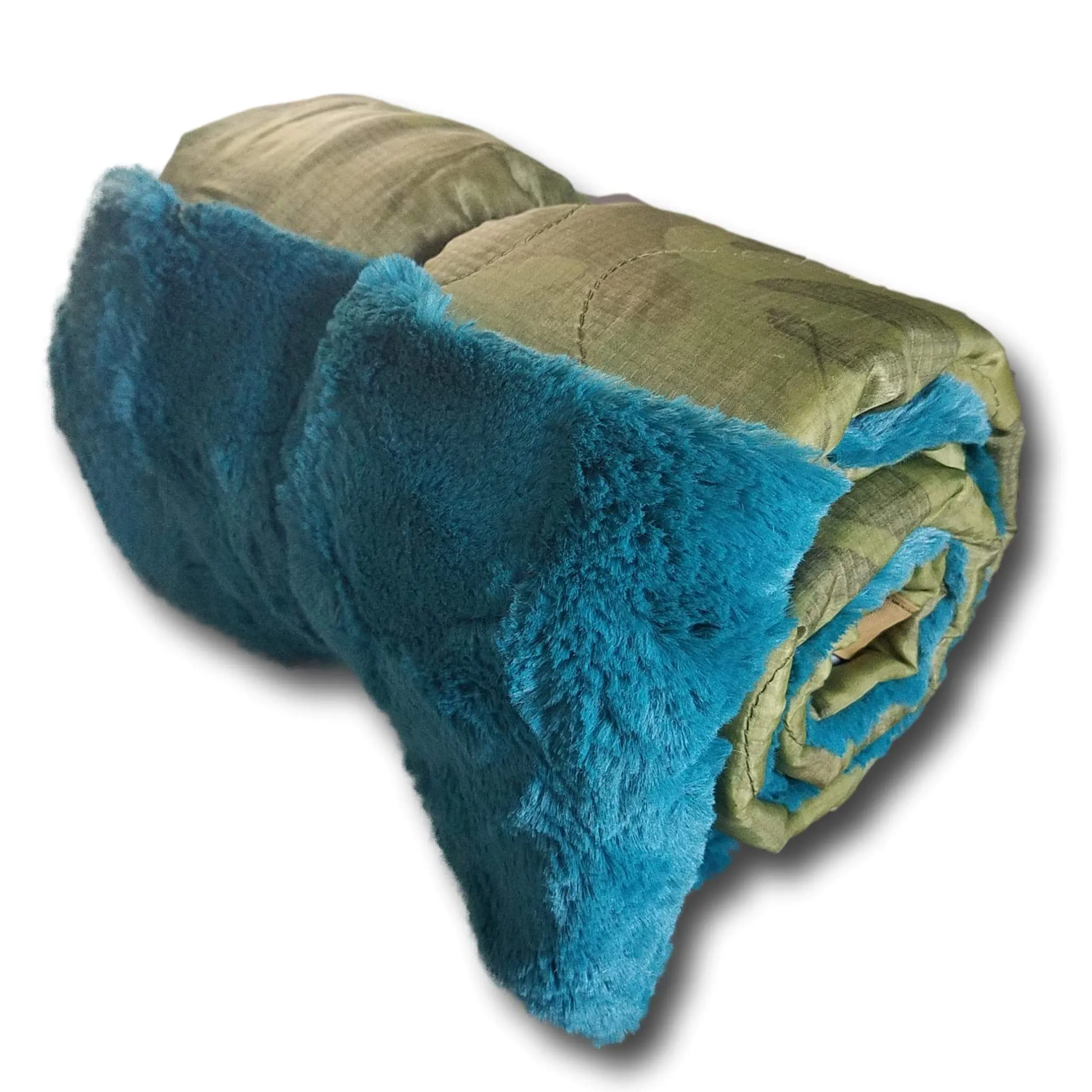Daisy Autism Heart WeeWoobie Weighted Blanket - Faded Woodland Camo with Mallard Blue Fur