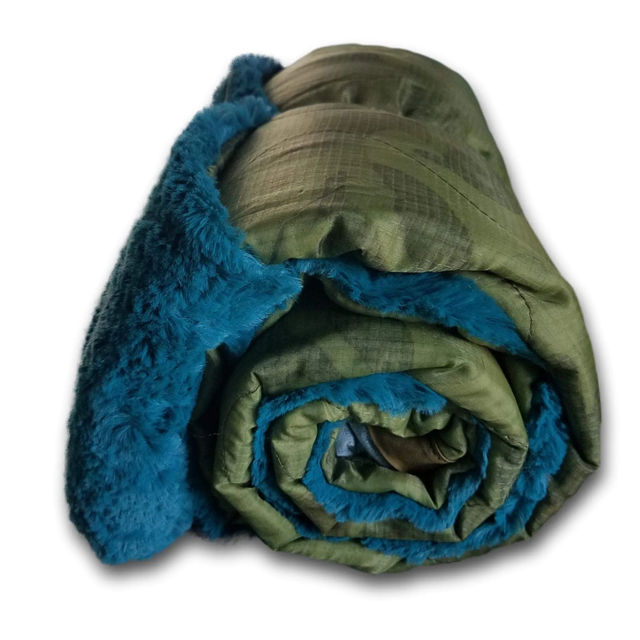 Daisy Autism Heart WeeWoobie Weighted Blanket - Faded Woodland Camo with Mallard Blue Fur