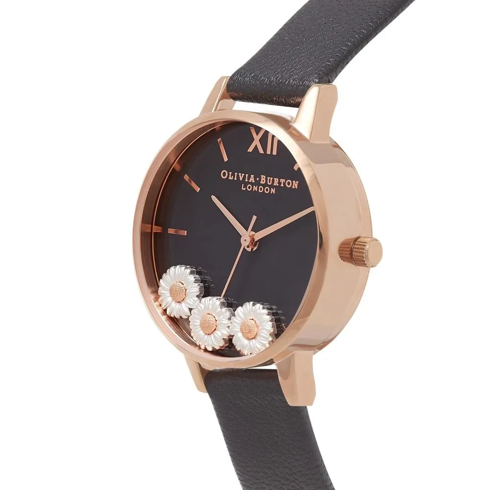 Dancing Daisy Midi Dial Black and Rose Gold Watch
