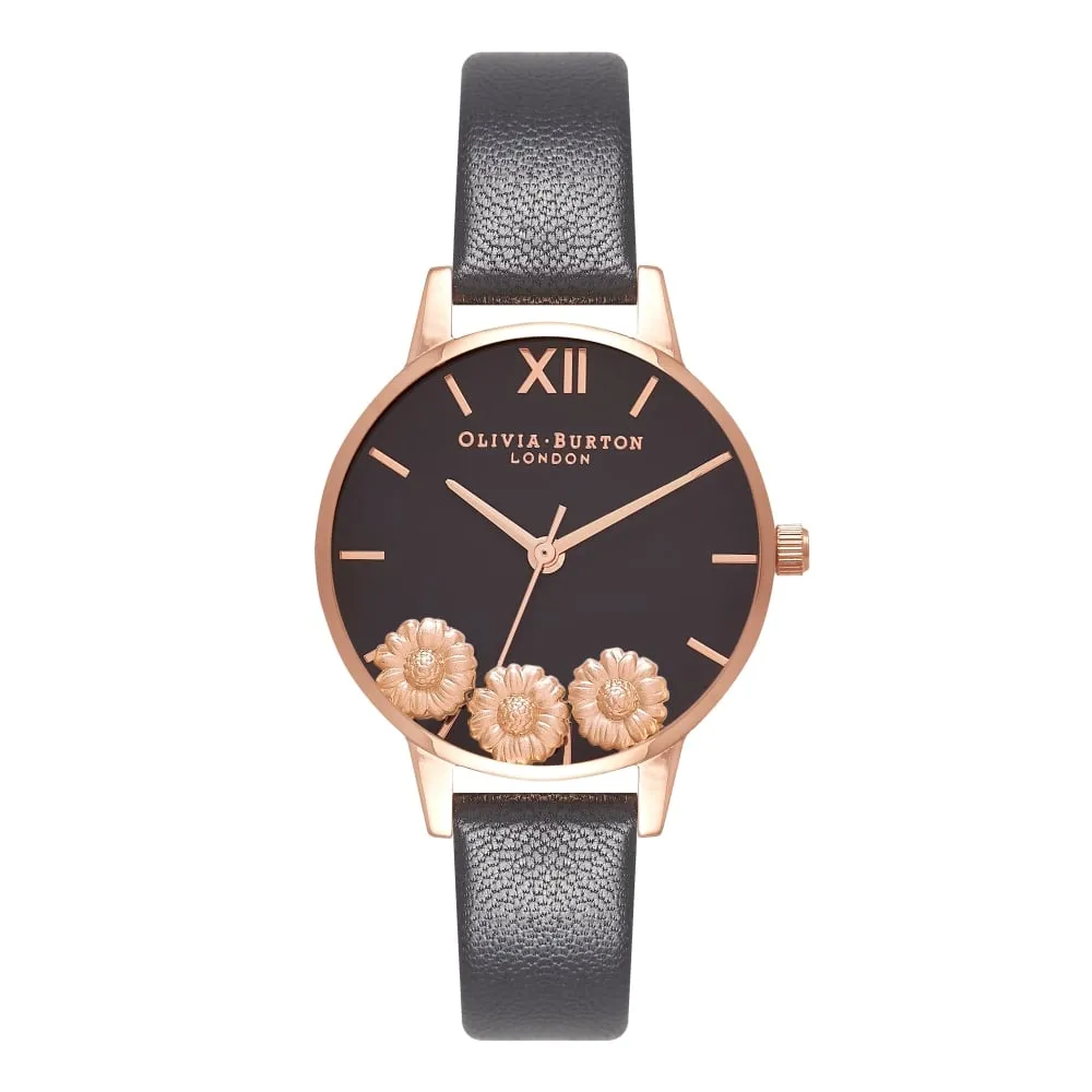 Dancing Daisy Midi Dial Black and Rose Gold Watch