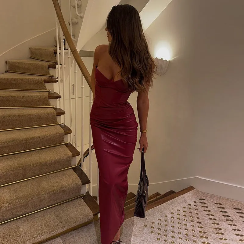 Daring Sophistication Strapless Off-Shoulder Slit PU Leather Bodycon Dress