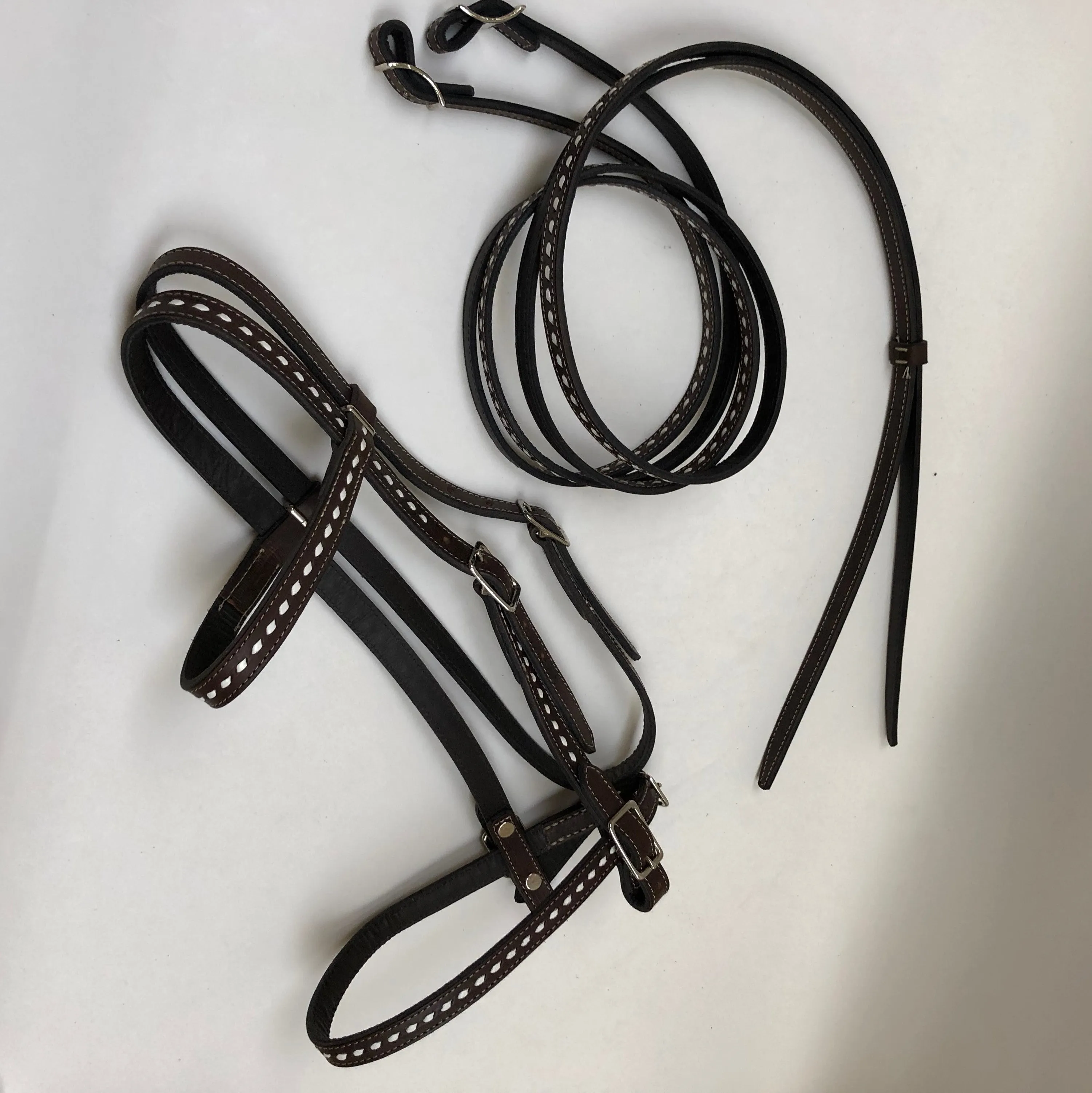 Dark brown handmade bridles and reins with buck stitch and white lace