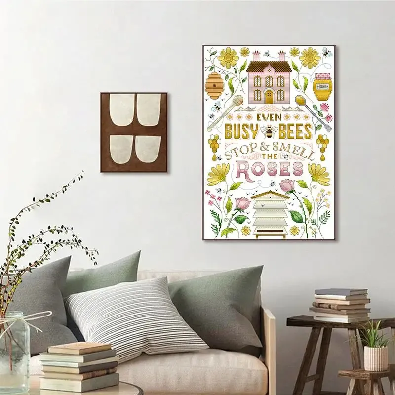 DIY Bee House Cross Stitch Kit - Cartoon Pattern Stamped Canvas for Handmade Embroidery