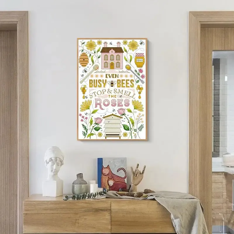 DIY Bee House Cross Stitch Kit - Cartoon Pattern Stamped Canvas for Handmade Embroidery