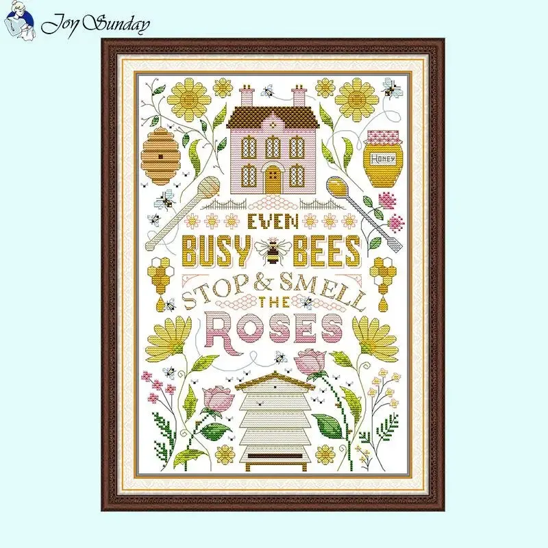 DIY Bee House Cross Stitch Kit - Cartoon Pattern Stamped Canvas for Handmade Embroidery