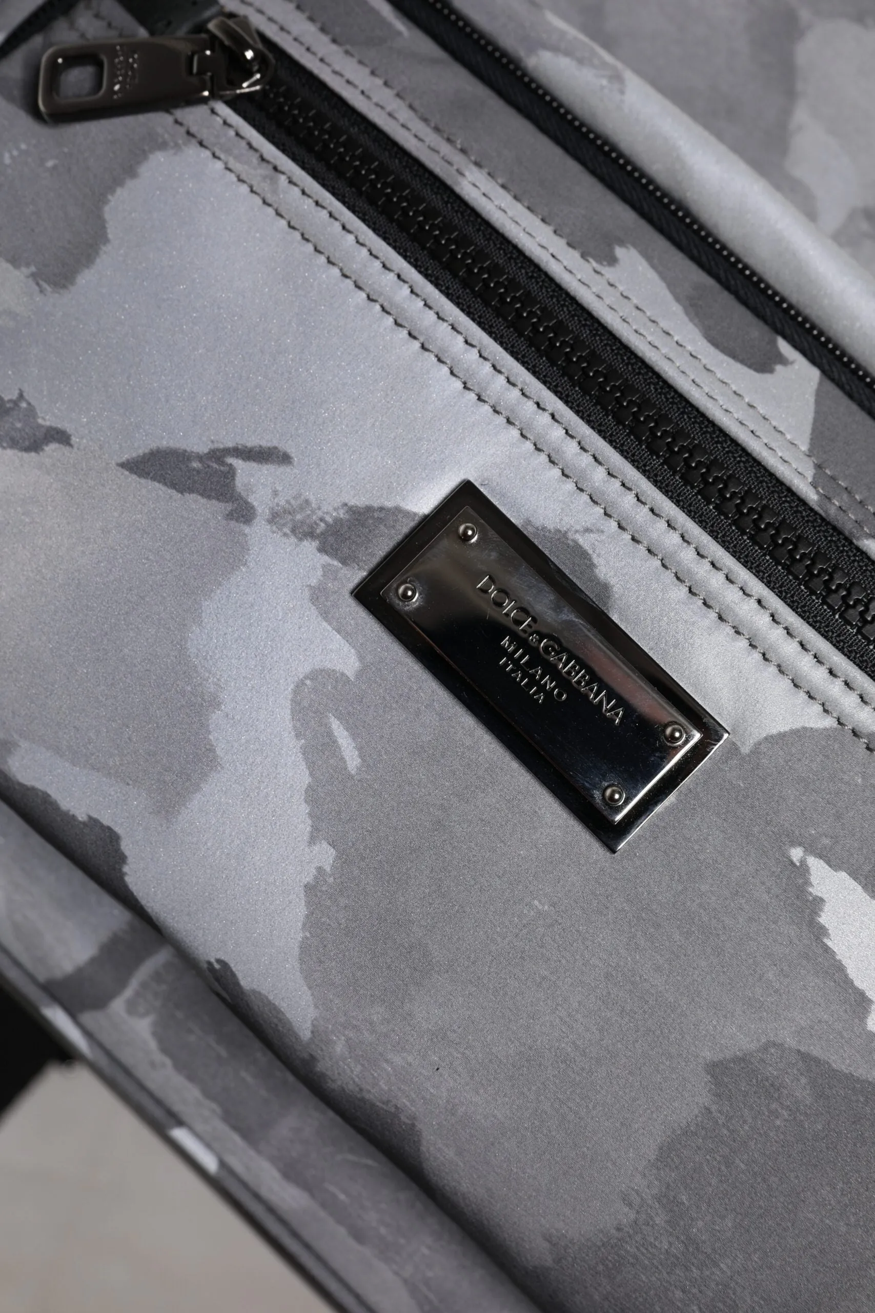 Dolce & Gabbana Gray Cotton Camouflage Logo Plaque Backpack Bag