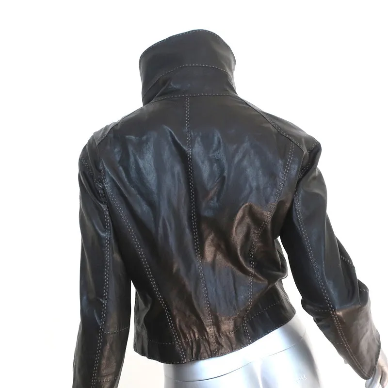 Donna Karan Biker Jacket Black Topstitched Leather Size US 4