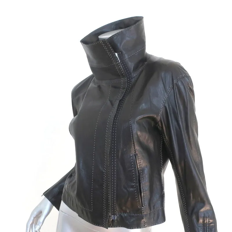 Donna Karan Biker Jacket Black Topstitched Leather Size US 4
