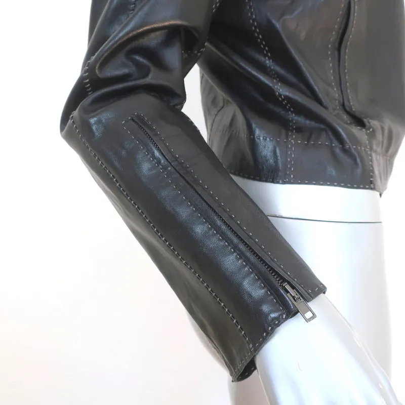 Donna Karan Biker Jacket Black Topstitched Leather Size US 4