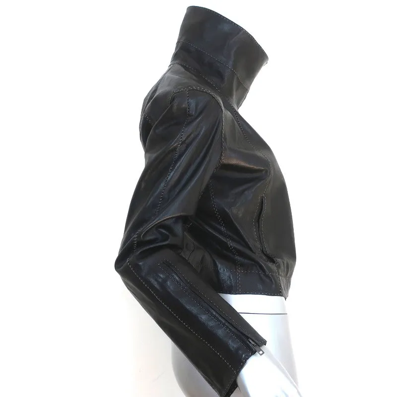 Donna Karan Biker Jacket Black Topstitched Leather Size US 4