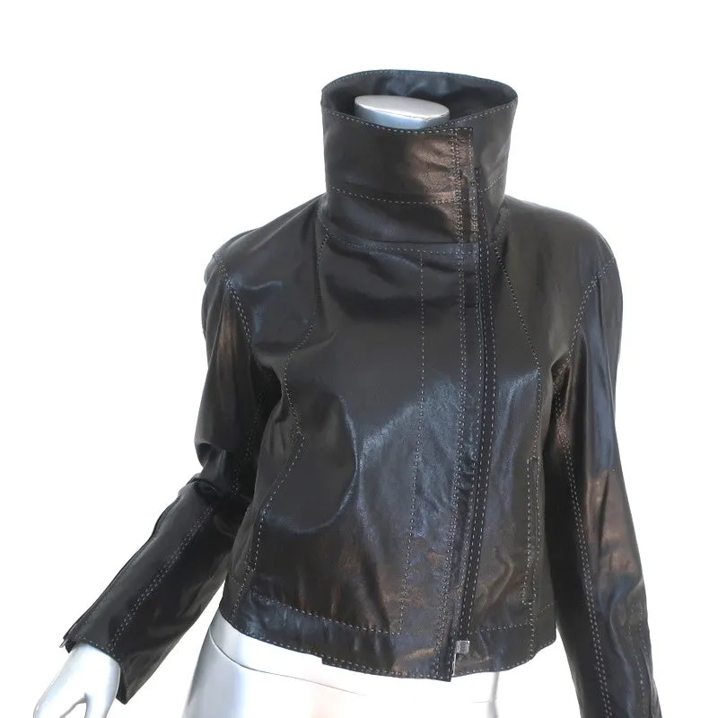 Donna Karan Biker Jacket Black Topstitched Leather Size US 4