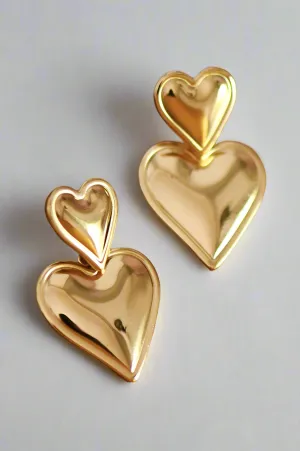 Double Heart Drop Gold Earrings | Water Resistant