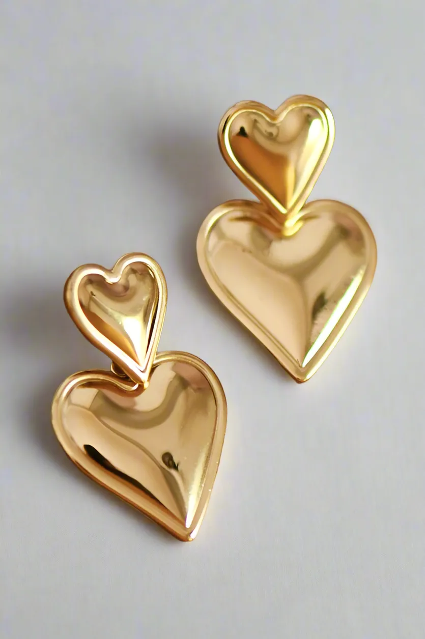 Double Heart Drop Gold Earrings | Water Resistant