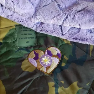 Dutch Camo Pattern Camo Daisy Heart Weighted Woobie Blanket with Lavender Faux Fur
