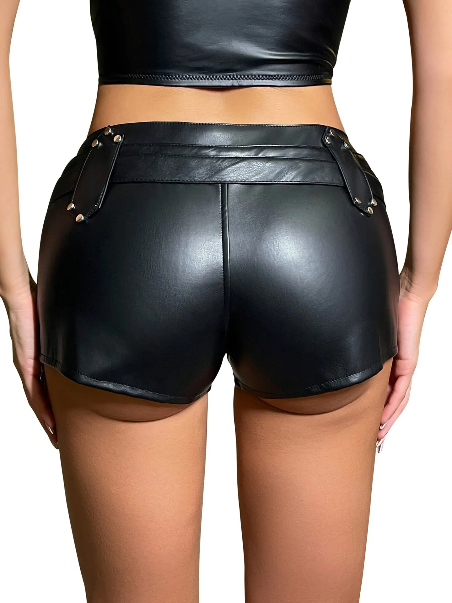Edgy Low-Waist PU Leather Shorts with Buckle Belt and Zipper Details