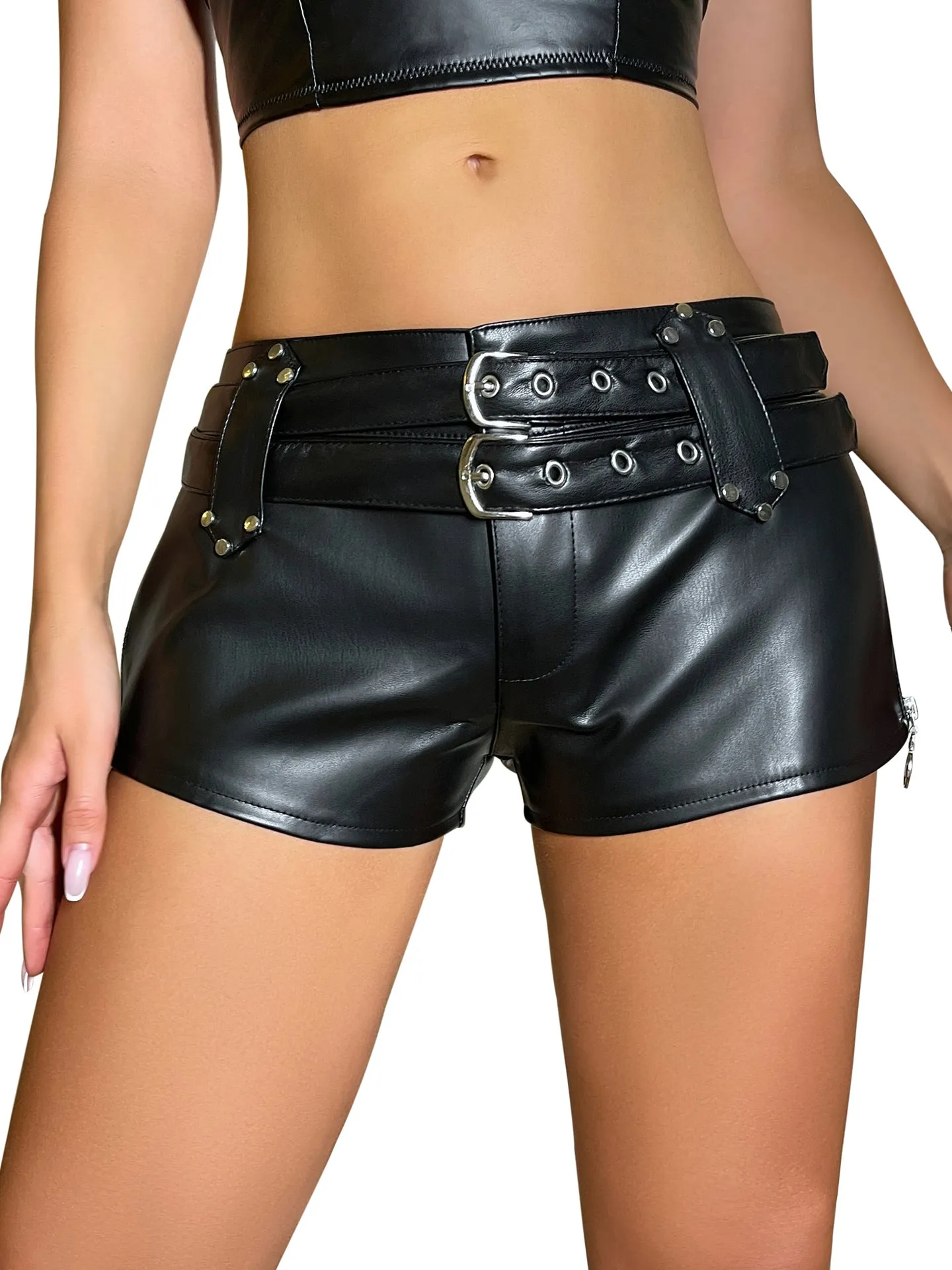 Edgy Low-Waist PU Leather Shorts with Buckle Belt and Zipper Details
