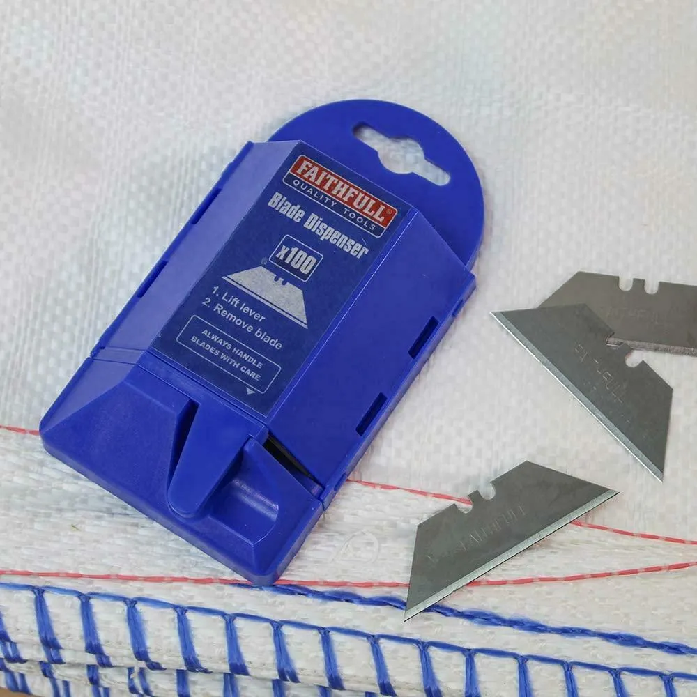 Faithfull Heavy-Duty Trimming Knife Blades (Box 100) In Safe Storage Dispenser