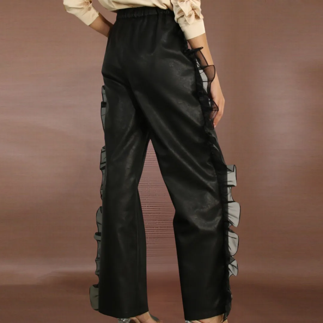 Faux Leather Pant with Organza Ruffle