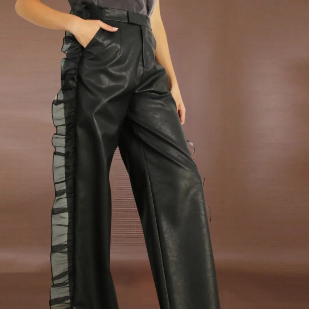 Faux Leather Pant with Organza Ruffle