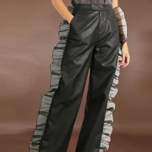 Faux Leather Pant with Organza Ruffle