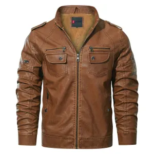 Fleece Biker Jacket for Men “ Premium PU Leather, Adjustable Cuffs, Stand Collar
