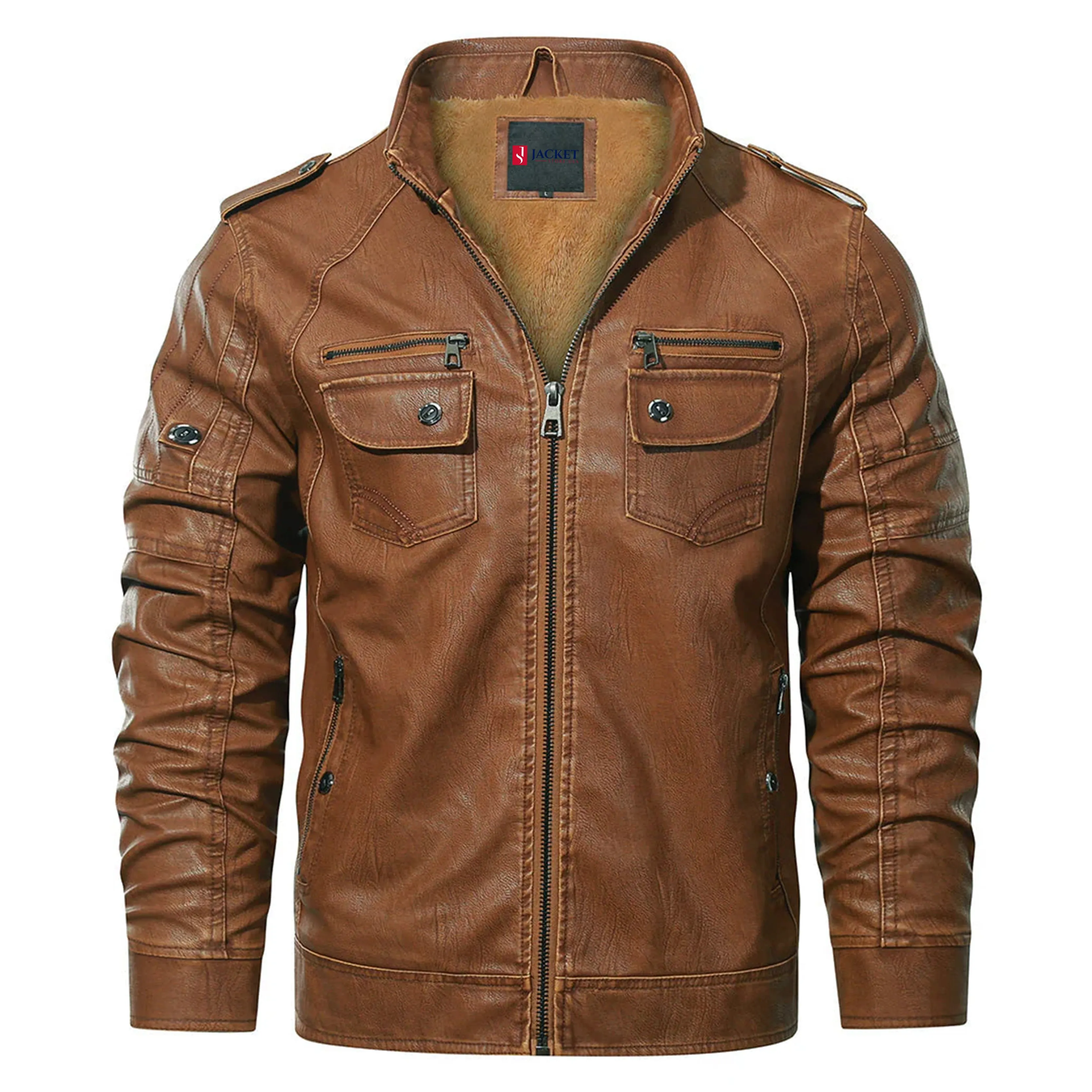 Fleece Biker Jacket for Men “ Premium PU Leather, Adjustable Cuffs, Stand Collar