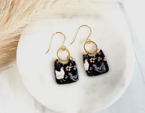 Floral Chicken Navy Leather Earrings
