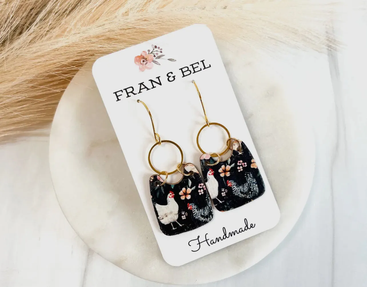 Floral Chicken Navy Leather Earrings