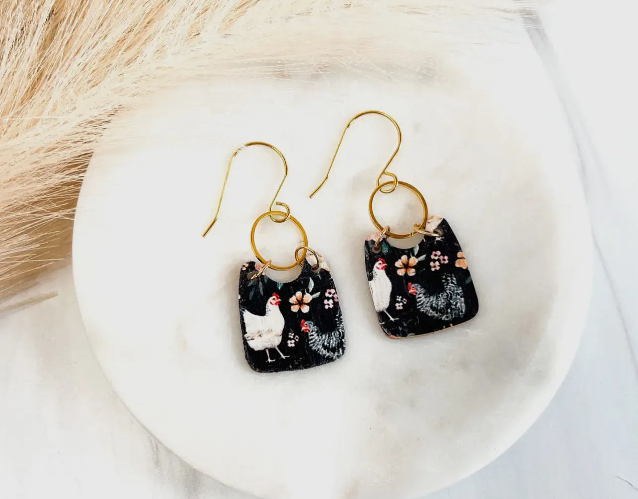 Floral Chicken Navy Leather Earrings