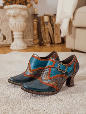 Floral Embossed Leather Pump Navy