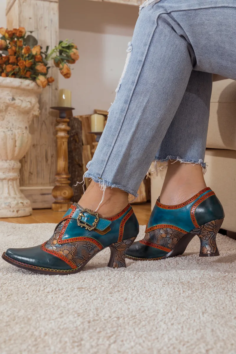 Floral Embossed Leather Pump Navy