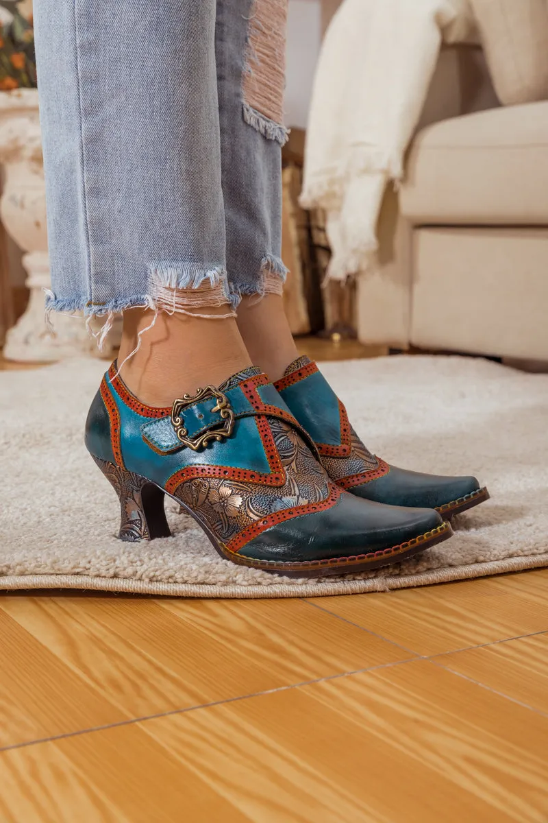 Floral Embossed Leather Pump Navy
