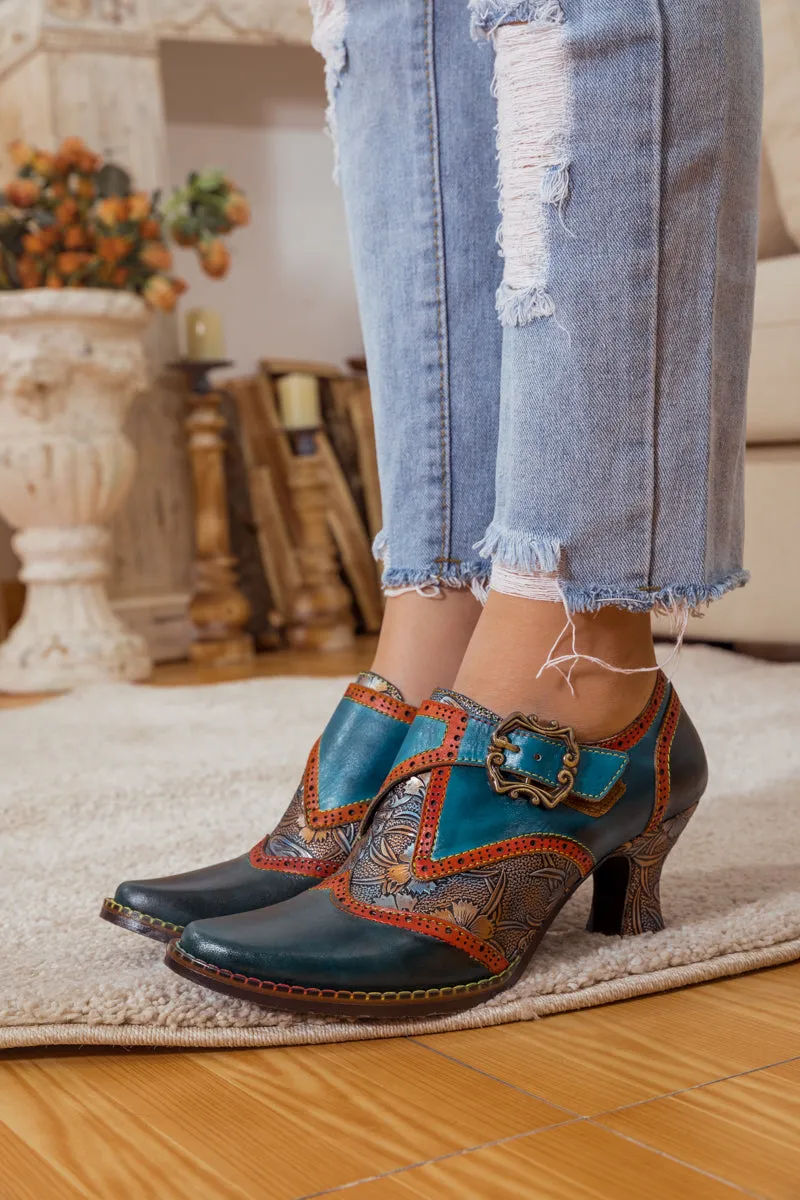 Floral Embossed Leather Pump Navy